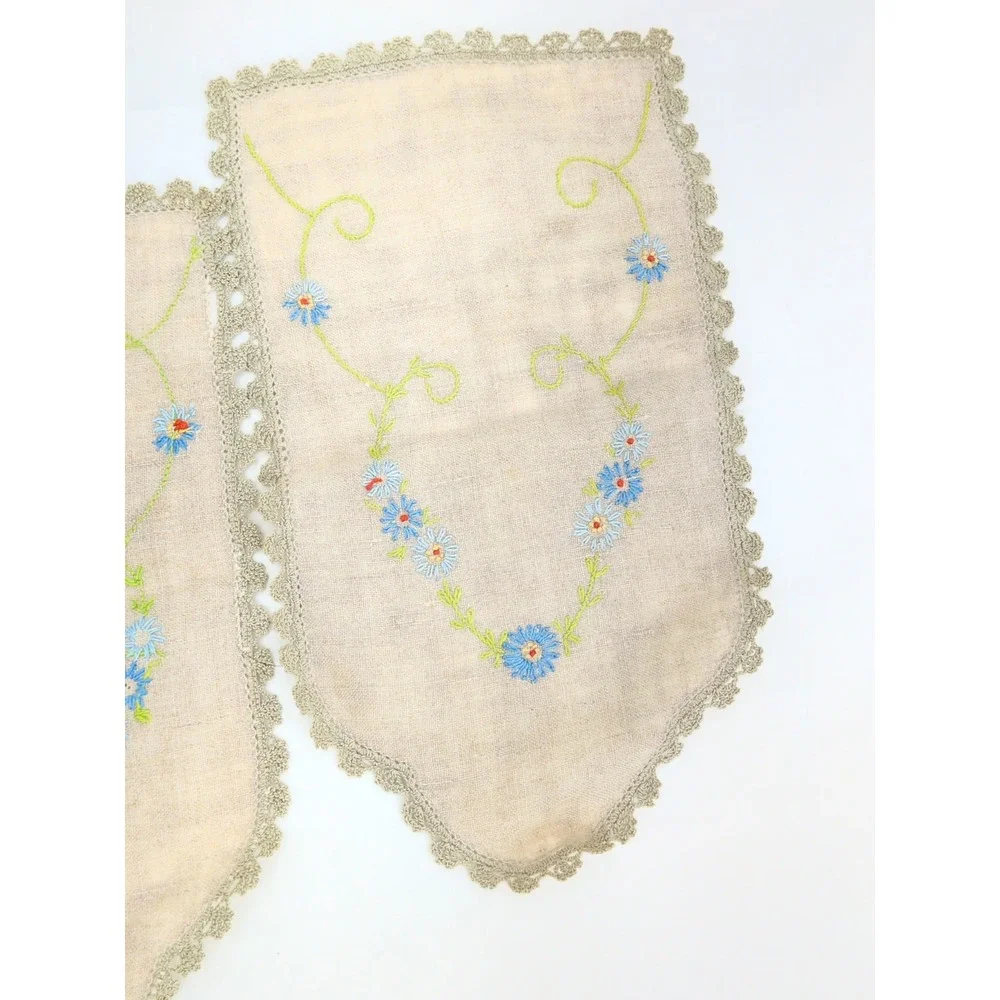 Vtg Linen Embroidered Napkins Set 4 Floral Scalloped Lace Cream Blue Green 7X12